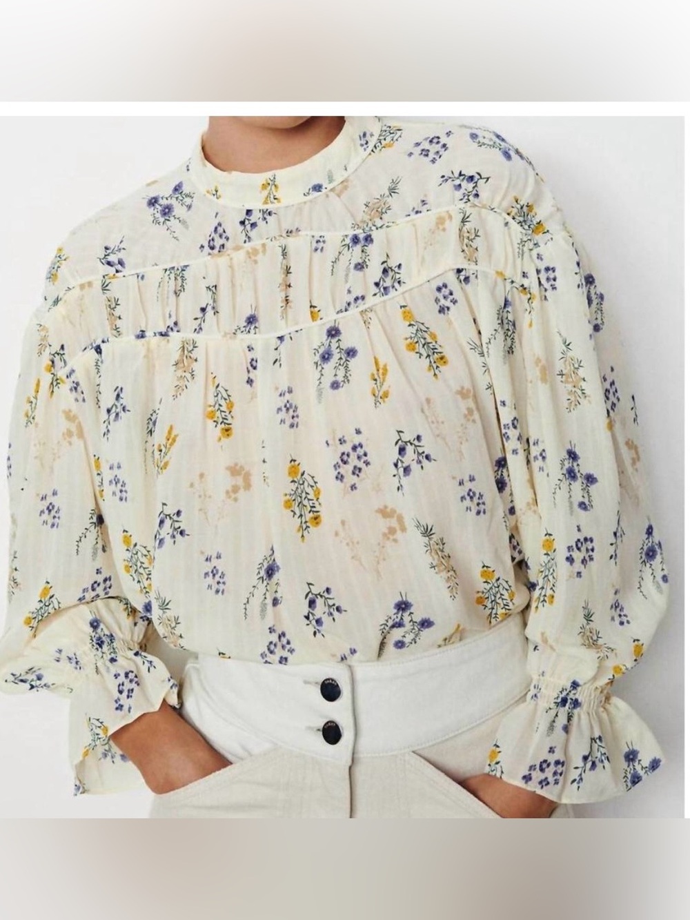 ba&sh Cream Floral Pintucked High-Neck Relaxed Fit Flare Women’s Blouse size 4 S